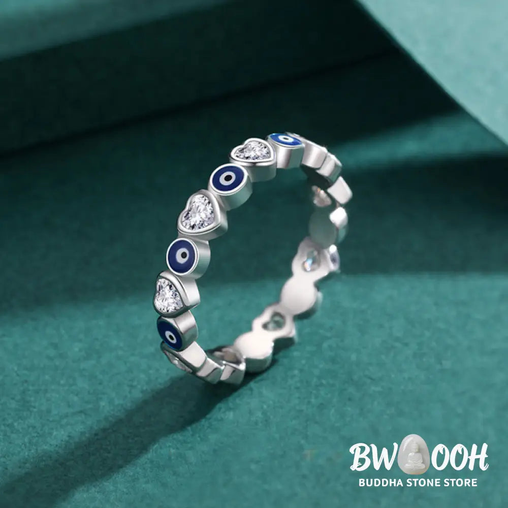 Buddha Stones 925 Sterling Silver Evil Eye Love Heart Zircon Blessing Ring - BWOOOH - Ring