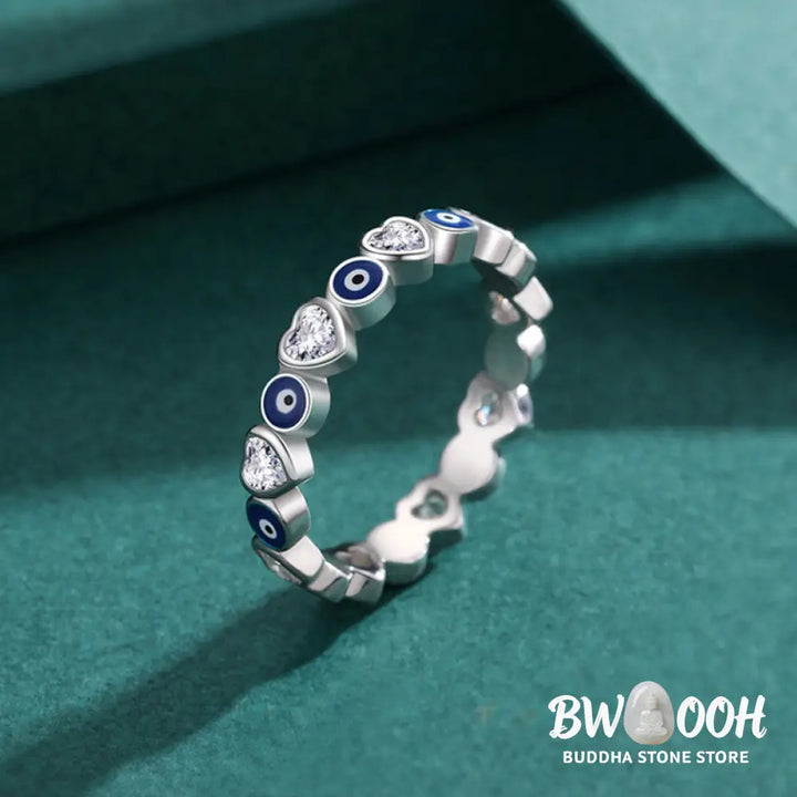 Buddha Stones 925 Sterling Silver Evil Eye Love Heart Zircon Blessing Ring - BWOOOH - Ring