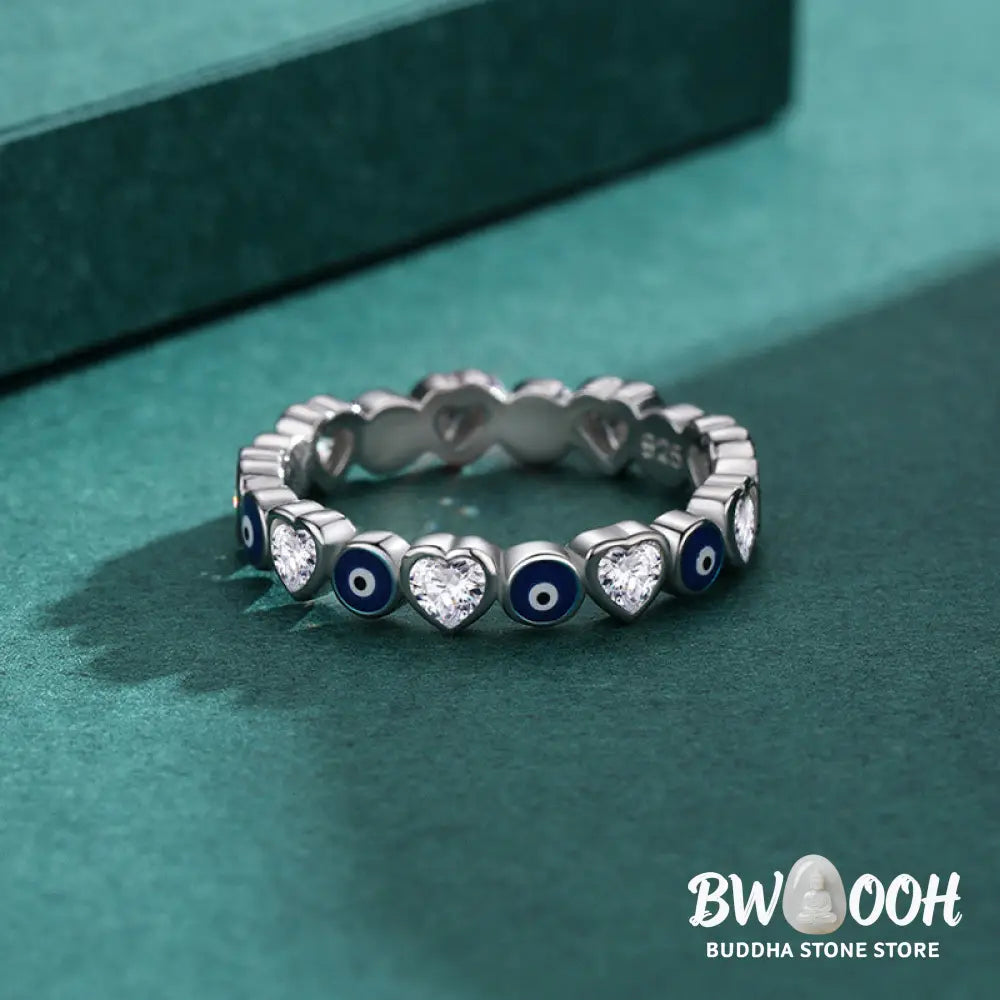 Buddha Stones 925 Sterling Silver Evil Eye Love Heart Zircon Blessing Ring - BWOOOH - Ring