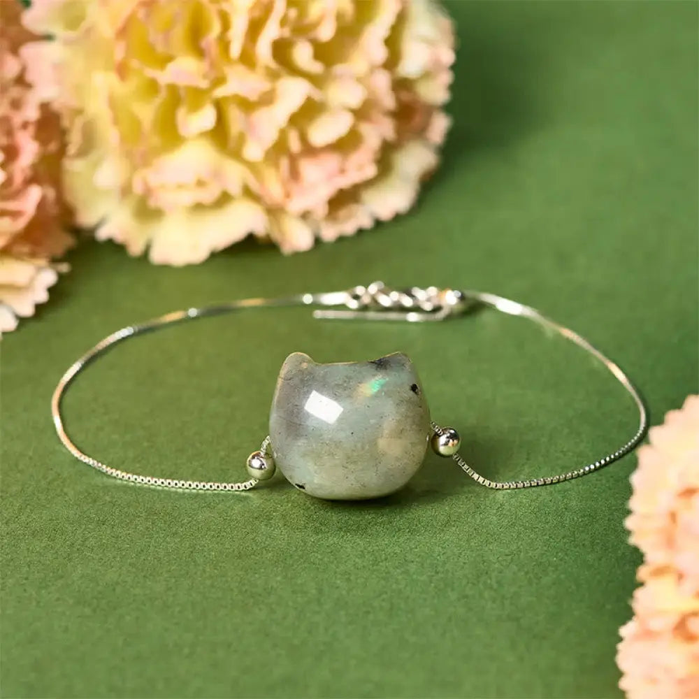 Buddha Stones 925 Sterling Silver Faceless Cat Head Natural Labradorite Healing Bracelet - 15-17cm - Bracelet