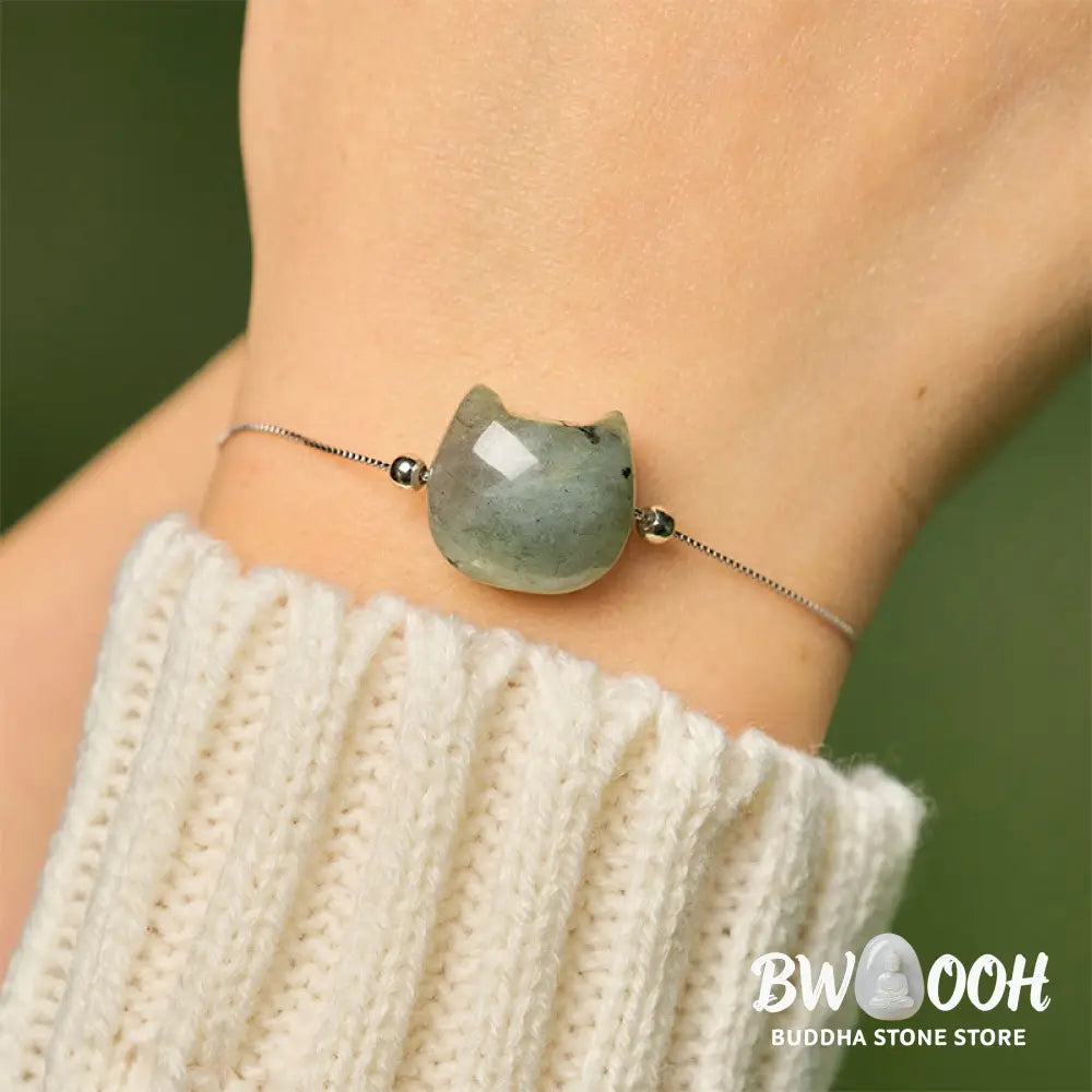 Buddha Stones 925 Sterling Silver Faceless Cat Head Natural Labradorite Healing Bracelet - Bracelet