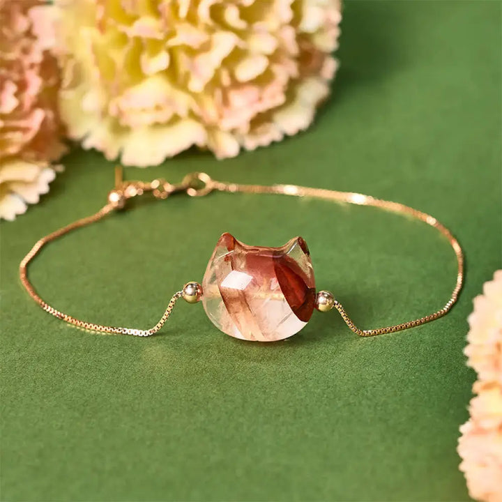 Buddha Stones 925 Sterling Silver Faceless Cat Head Natural Red Flower Quartz Passion Bracelet - 15-17cm - Bracelet