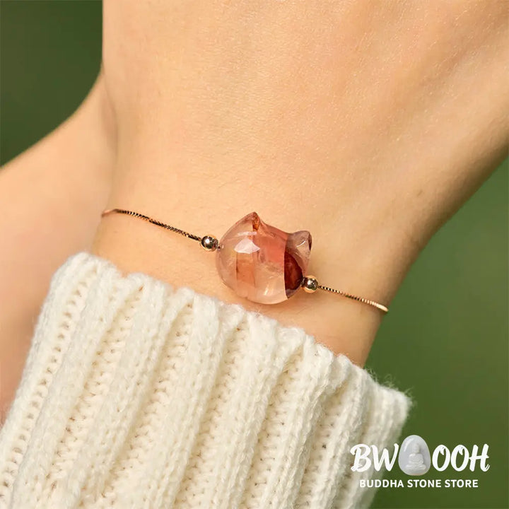 Buddha Stones 925 Sterling Silver Faceless Cat Head Natural Red Flower Quartz Passion Bracelet - Bracelet