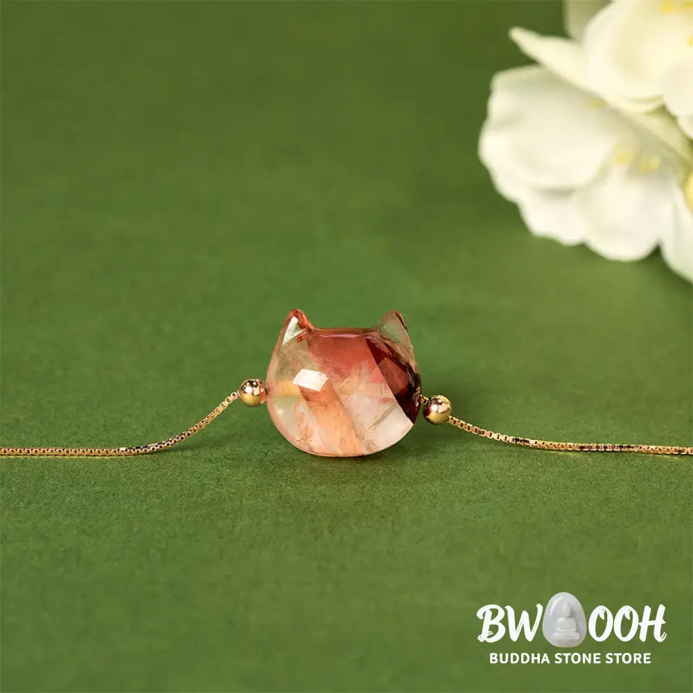 Buddha Stones 925 Sterling Silver Faceless Cat Head Natural Red Flower Quartz Passion Bracelet - Bracelet