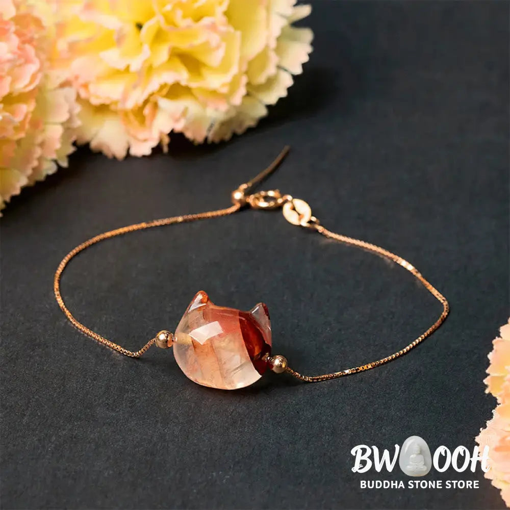 Buddha Stones 925 Sterling Silver Faceless Cat Head Natural Red Flower Quartz Passion Bracelet - Bracelet
