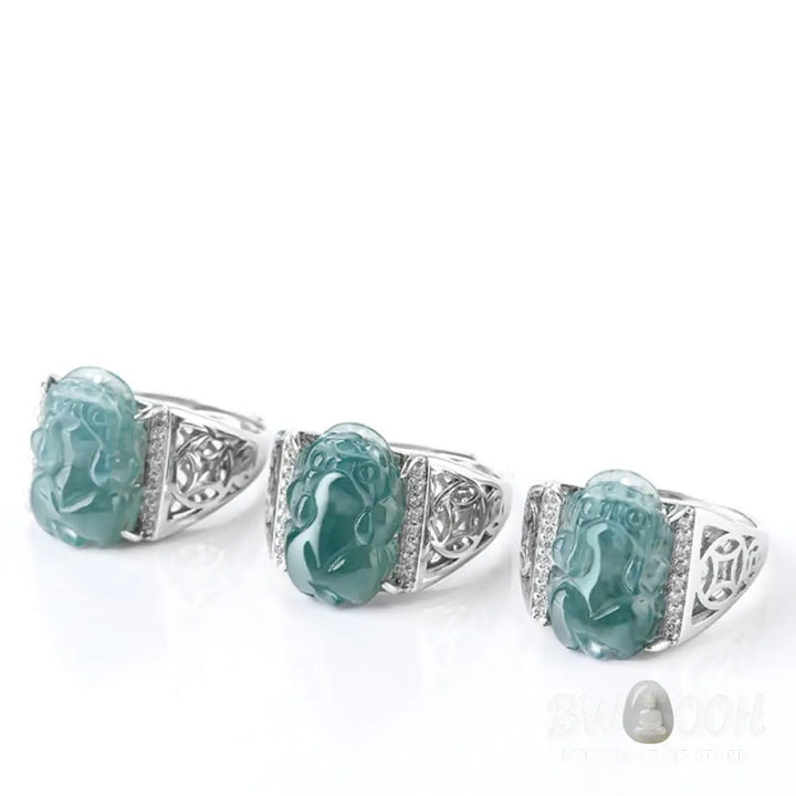 Buddha Stones 925 Sterling Silver Fengshui Wealth Prosperity Jade PiXiu Luck Ring - BWOOOH - Ring