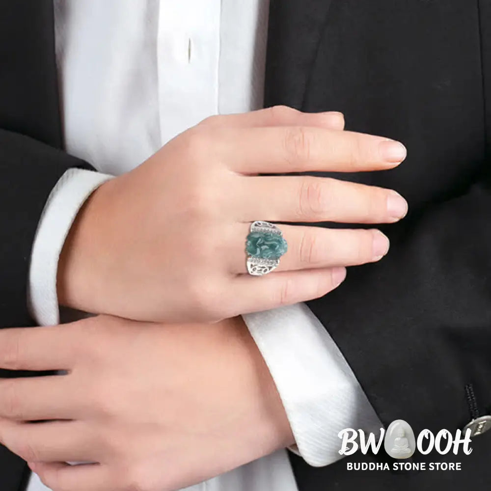Buddha Stones 925 Sterling Silver Fengshui Wealth Prosperity Jade PiXiu Luck Ring - BWOOOH - Ring
