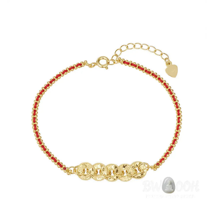 Buddha Stones 925 Sterling Silver Five-Emperor Coins Red String Balance Bracelet - 925 Sterling Silver(Wrist