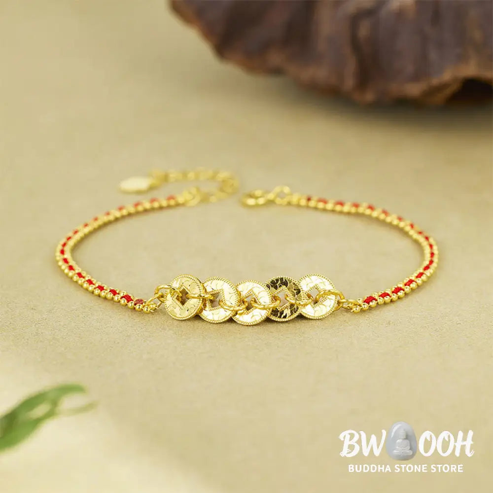 Buddha Stones 925 Sterling Silver Five-Emperor Coins Red String Balance Bracelet - 925 Sterling Silver(Wrist