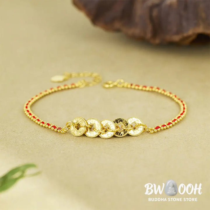 Buddha Stones 925 Sterling Silver Five-Emperor Coins Red String Balance Bracelet - 925 Sterling Silver(Wrist