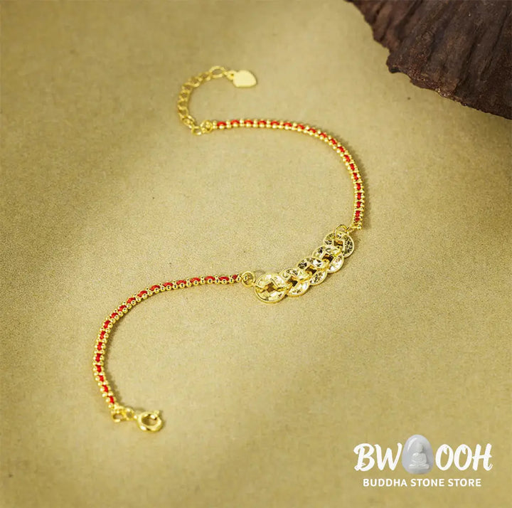 Buddha Stones 925 Sterling Silver Five-Emperor Coins Red String Balance Bracelet - 925 Sterling Silver(Wrist