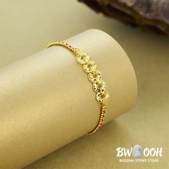 Buddha Stones 925 Sterling Silver Five-Emperor Coins Red String Balance Bracelet - 925 Sterling Silver(Wrist