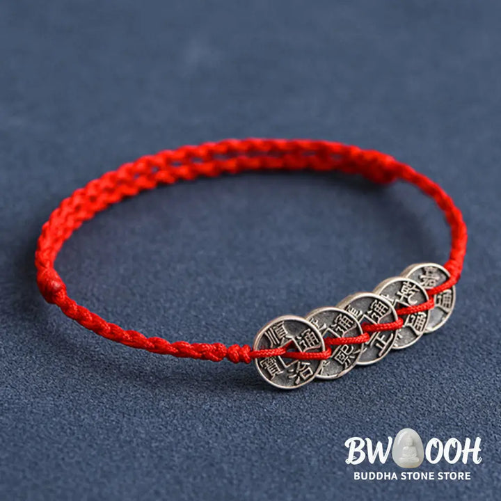Buddha Stones 925 Sterling Silver Five Emperor Coins Red String Protection Luck Braided Bracelet Anklet - BWOOOH