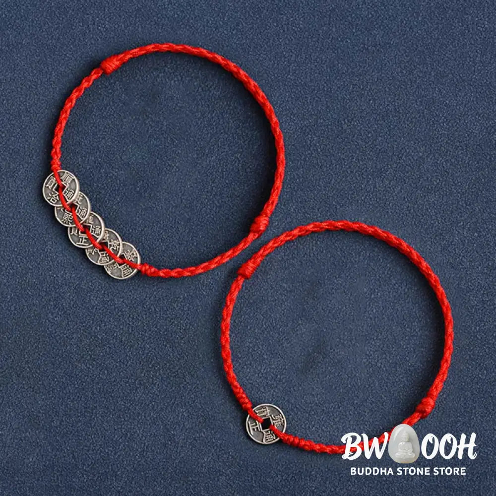 Buddha Stones 925 Sterling Silver Five Emperor Coins Red String Protection Luck Braided Bracelet Anklet - BWOOOH