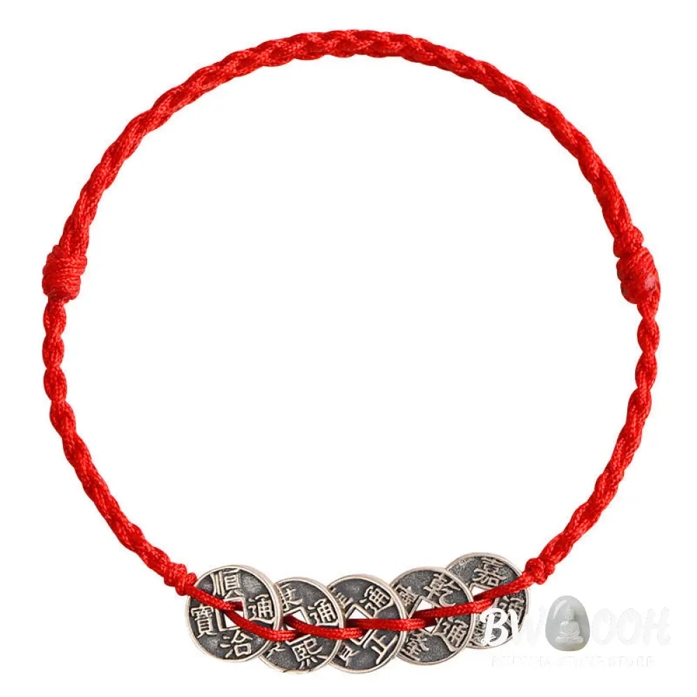 Buddha Stones 925 Sterling Silver Five Emperor Coins Red String Protection Luck Braided Bracelet Anklet - BWOOOH