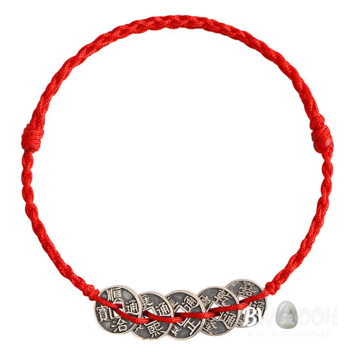 Buddha Stones 925 Sterling Silver Five Emperor Coins Red String Protection Luck Braided Bracelet Anklet - BWOOOH