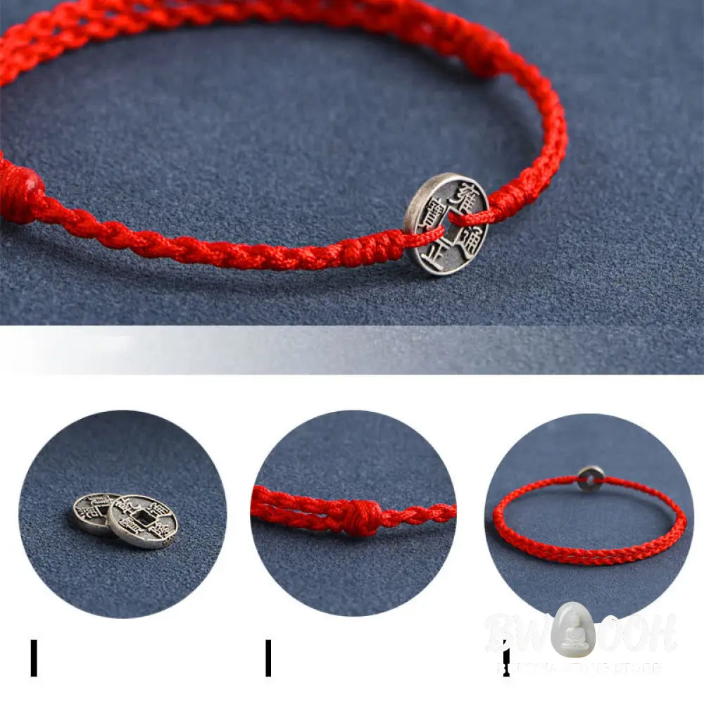 Buddha Stones 925 Sterling Silver Five Emperor Coins Red String Protection Luck Braided Bracelet Anklet - BWOOOH