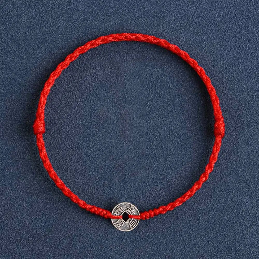 Buddha Stones 925 Sterling Silver Five Emperor Coins Red String Protection Luck Braided Bracelet Anklet - BWOOOH - Red