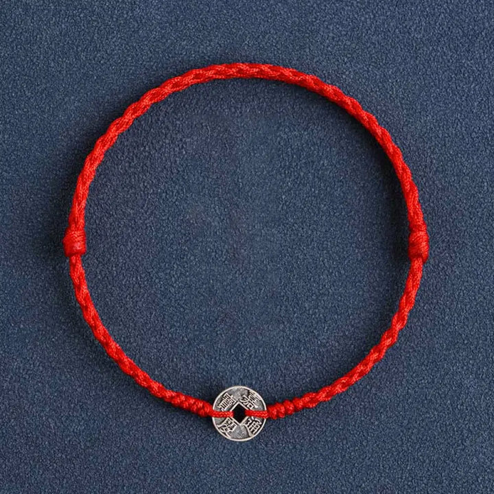 Buddha Stones 925 Sterling Silver Five Emperor Coins Red String Protection Luck Braided Bracelet Anklet - BWOOOH - Red