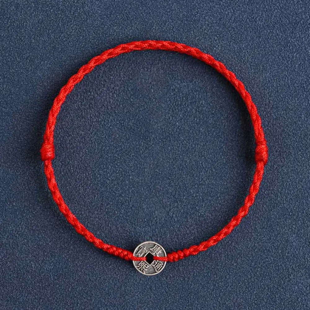 Buddha Stones 925 Sterling Silver Five Emperor Coins Red String Protection Luck Braided Bracelet Anklet - BWOOOH - Red