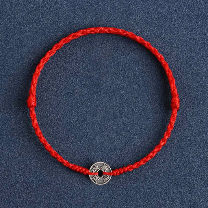 Buddha Stones 925 Sterling Silver Five Emperor Coins Red String Protection Luck Braided Bracelet Anklet - BWOOOH - Red