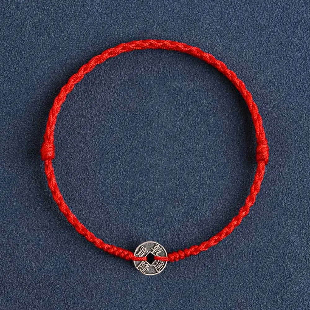 Buddha Stones 925 Sterling Silver Five Emperor Coins Red String Protection Luck Braided Bracelet Anklet - BWOOOH - Red