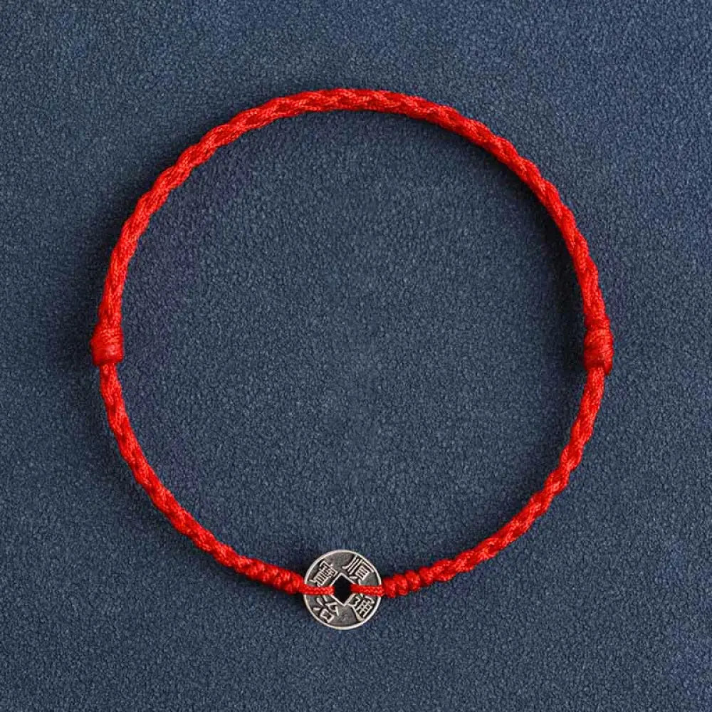 Buddha Stones 925 Sterling Silver Five Emperor Coins Red String Protection Luck Braided Bracelet Anklet - BWOOOH - Red
