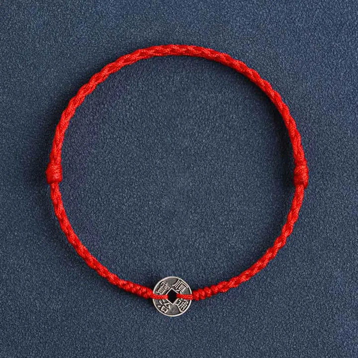 Buddha Stones 925 Sterling Silver Five Emperor Coins Red String Protection Luck Braided Bracelet Anklet - BWOOOH - Red
