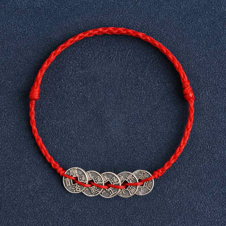 Buddha Stones 925 Sterling Silver Five Emperor Coins Red String Protection Luck Braided Bracelet Anklet - BWOOOH - Red