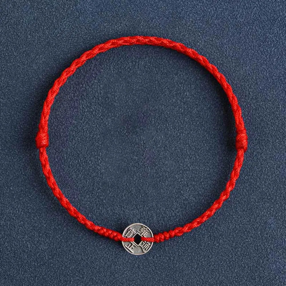 Buddha Stones 925 Sterling Silver Five Emperor Coins Red String Protection Luck Braided Bracelet Anklet - BWOOOH - Red