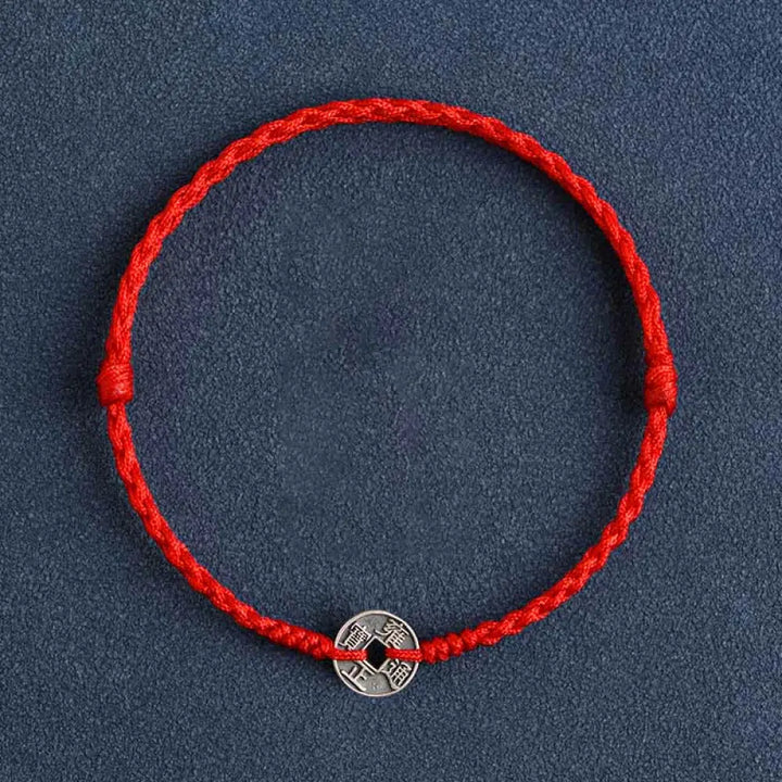 Buddha Stones 925 Sterling Silver Five Emperor Coins Red String Protection Luck Braided Bracelet Anklet - BWOOOH - Red