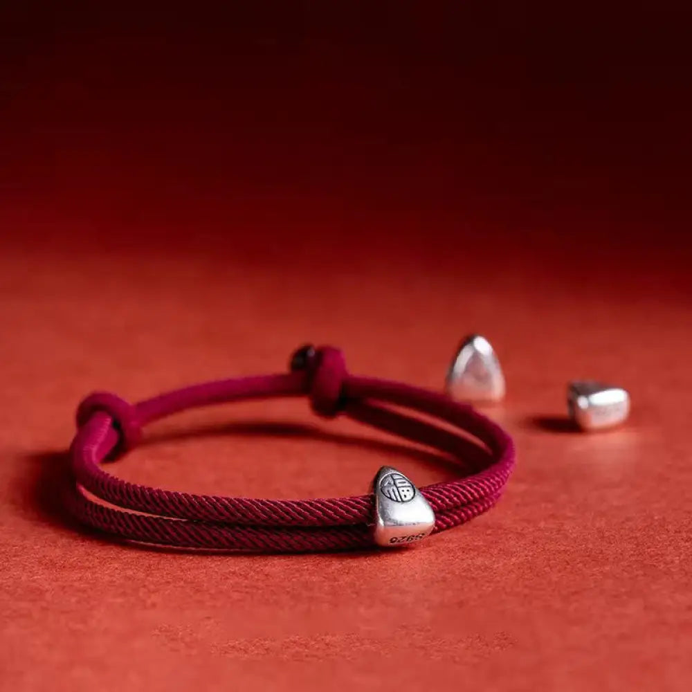 Buddha Stones 925 Sterling Silver Fu Character Blessing Handmade Braided Bracelet - BWOOOH - Dark Red - Bracelet