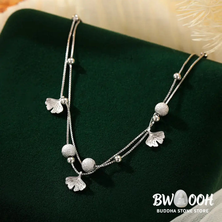 Buddha Stones 925 Sterling Silver Ginkgo Leaf Double Layer Protection Anklet - Anklet