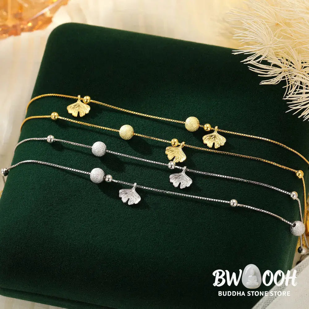 Buddha Stones 925 Sterling Silver Ginkgo Leaf Double Layer Protection Anklet - Anklet