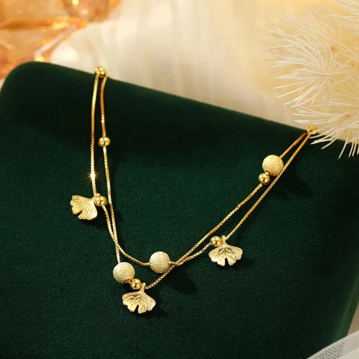 Buddha Stones 925 Sterling Silver Ginkgo Leaf Double Layer Protection Anklet - Golden Anklet(Circumference 25cm)