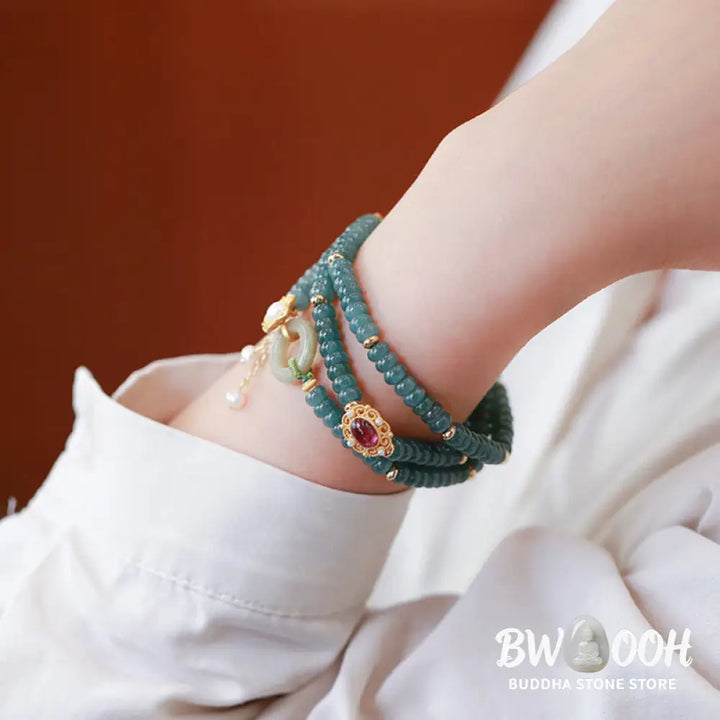 Buddha Stones 925 Sterling Silver Gold Plated Cyan Jade Flower Peace Buckle Success Triple Wrap Bracelet - BWOOOH