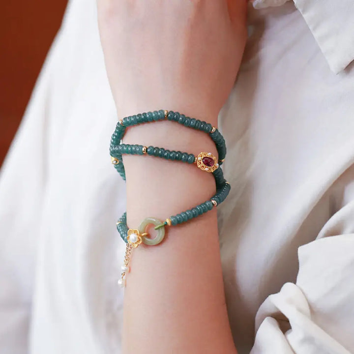 BWOOOH 925 Sterling Silver Gold Plated Cyan Jade Flower Peace Buckle Success Triple Wrap Bracelet - BWOOOH