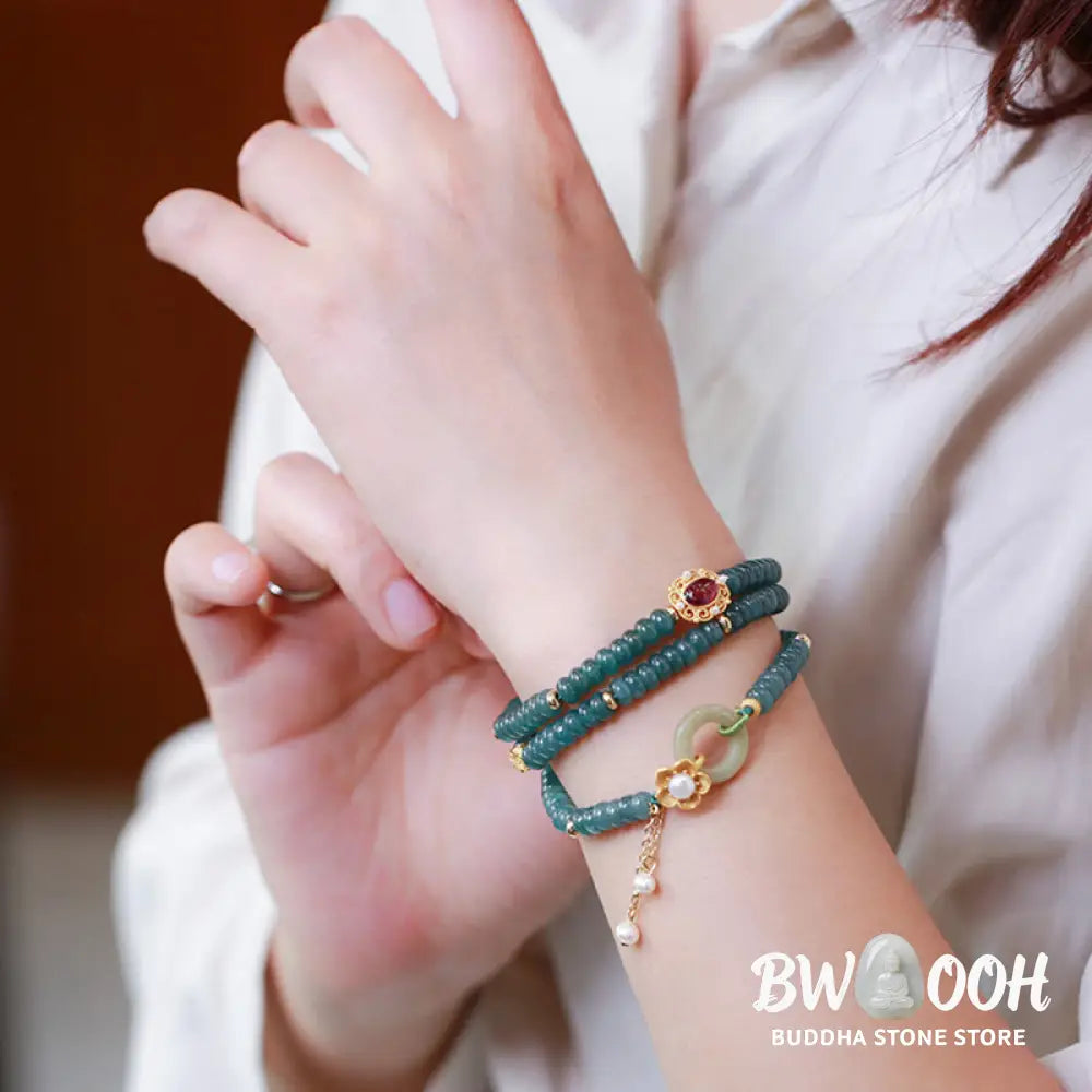 Buddha Stones 925 Sterling Silver Gold Plated Cyan Jade Flower Peace Buckle Success Triple Wrap Bracelet - BWOOOH