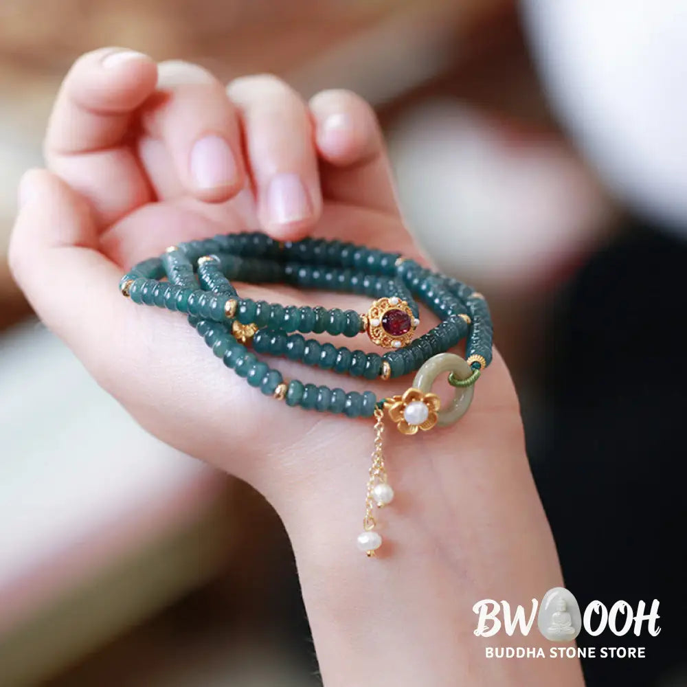Buddha Stones 925 Sterling Silver Gold Plated Cyan Jade Flower Peace Buckle Success Triple Wrap Bracelet - BWOOOH