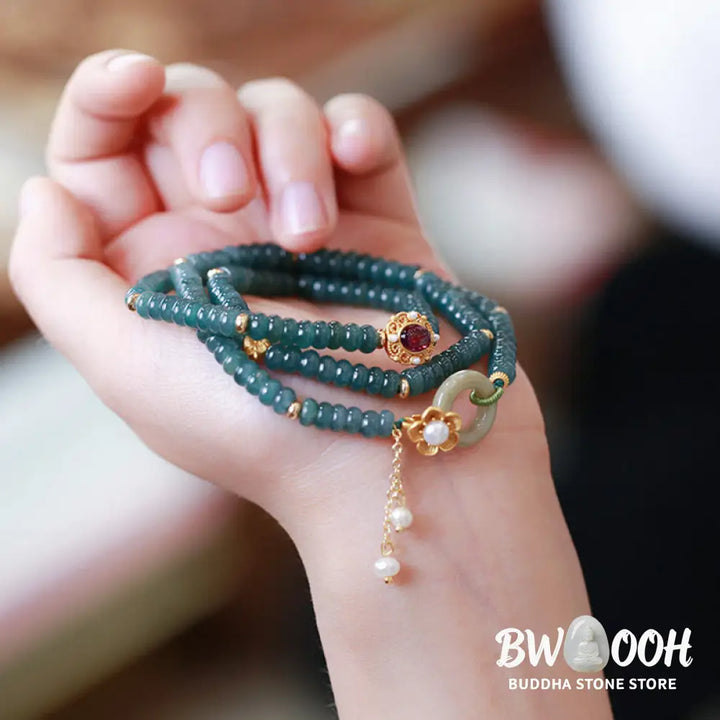 Buddha Stones 925 Sterling Silver Gold Plated Cyan Jade Flower Peace Buckle Success Triple Wrap Bracelet - BWOOOH