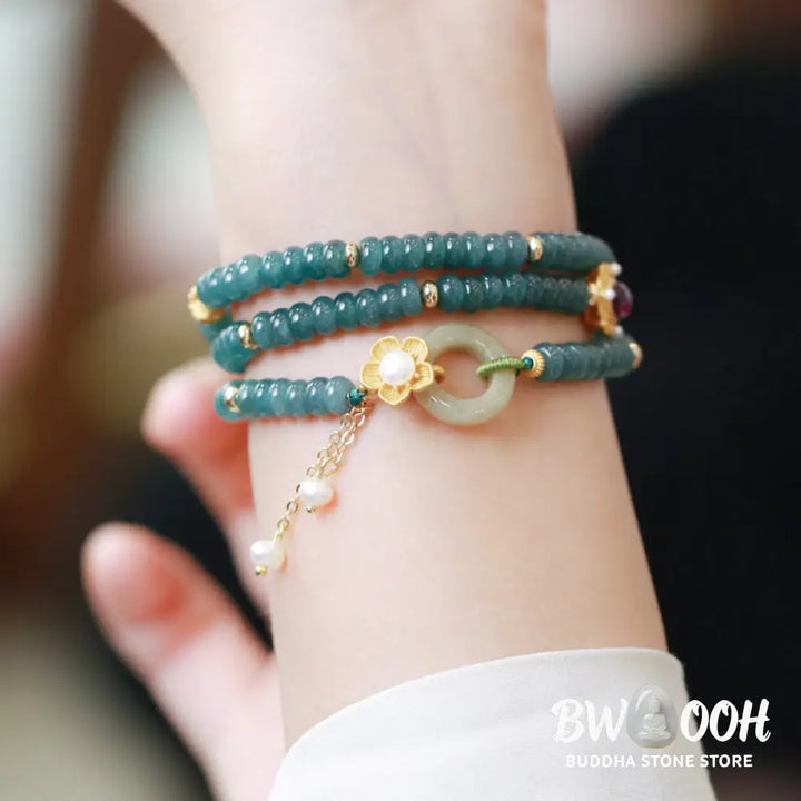 Buddha Stones 925 Sterling Silver Gold Plated Cyan Jade Flower Peace Buckle Success Triple Wrap Bracelet - BWOOOH