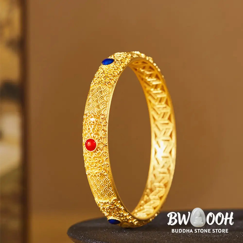 Buddha Stones 925 Sterling Silver Golden Auspicious Clouds Hollow Design Protection Bracelet Bangle 2.20 IN (56 MM)