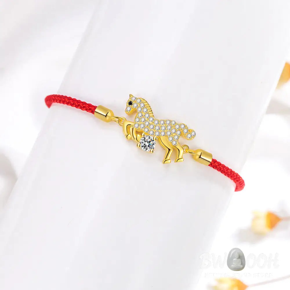 Buddha Stones 925 Sterling Silver Golden Year Of The Horse Red String Luck Adjustable Bracelet - Horse(Wrist