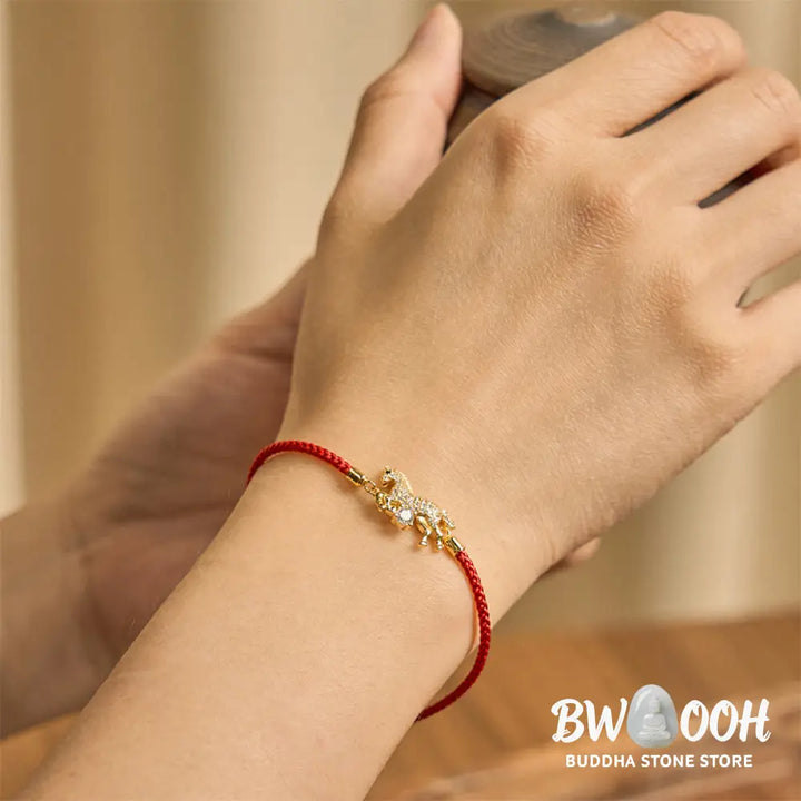 Buddha Stones 925 Sterling Silver Golden Year Of The Horse Red String Luck Adjustable Bracelet - Horse(Wrist