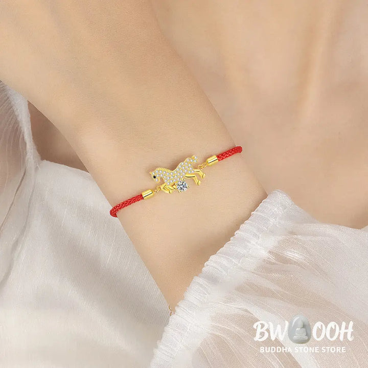 Buddha Stones 925 Sterling Silver Golden Year Of The Horse Red String Luck Adjustable Bracelet - Horse(Wrist