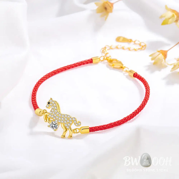 Buddha Stones 925 Sterling Silver Golden Year Of The Horse Red String Luck Adjustable Bracelet - Horse(Wrist
