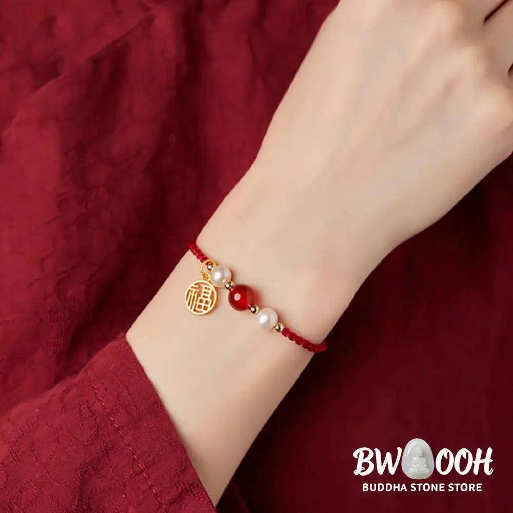 Buddha Stones 925 Sterling Silver Good Fortune Fu Character Agate Pearl Red String Braid Bracelet - Bracelet