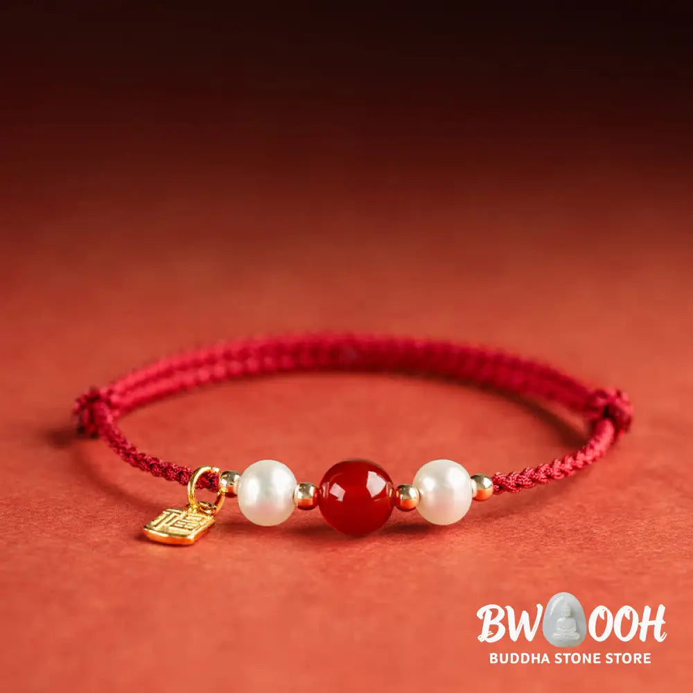 Buddha Stones 925 Sterling Silver Good Fortune Fu Character Agate Pearl Red String Braid Bracelet - Bracelet