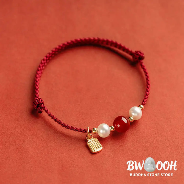 Buddha Stones 925 Sterling Silver Good Fortune Fu Character Agate Pearl Red String Braid Bracelet - Bracelet