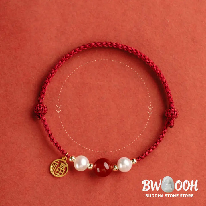 Buddha Stones 925 Sterling Silver Good Fortune Fu Character Agate Pearl Red String Braid Bracelet - Bracelet
